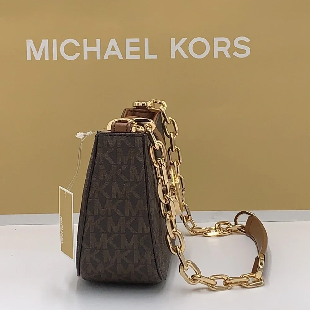 MICHAEL KORS Carmen Small Shoulder Pochette Bag BROWN SIGNATURE COLOR  NWT